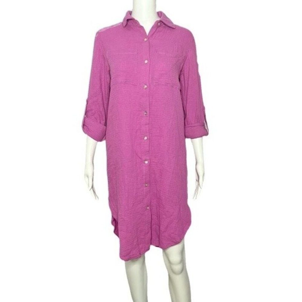 Magaschoni Rosebud Pink Organic Cotton Shirt Dress XS TP Roll Tab Sleeve